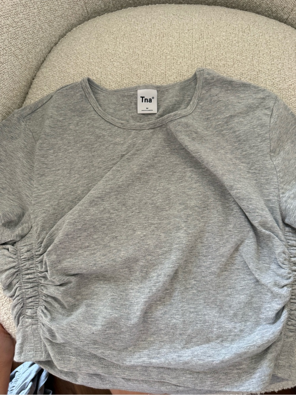TNA Gray Ruched Side crop top and skirt